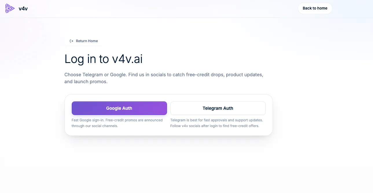 V4V sign-in screen with Google and Telegram options